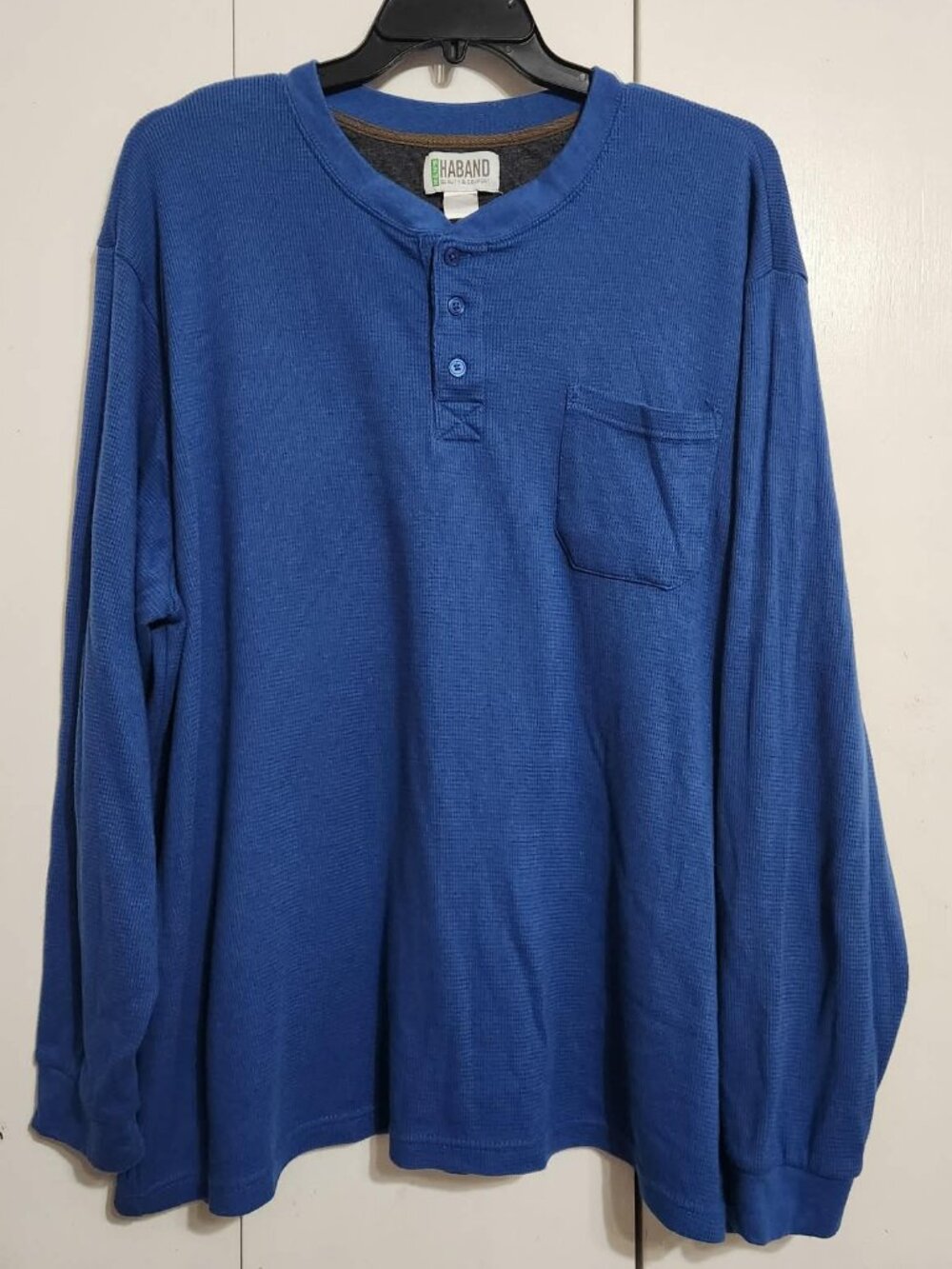 Haband Mens XXL Blue Waffle Knit Thermal Henley Shirt Long Sleeve Pocket